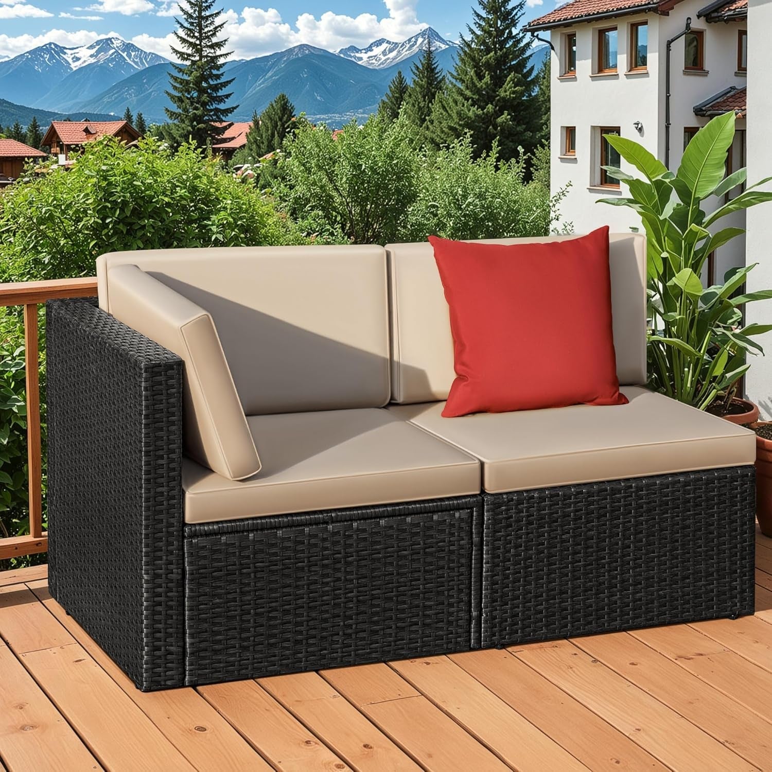 Wicker Rattan 2-Piece Patio Conversation Set Beige-2