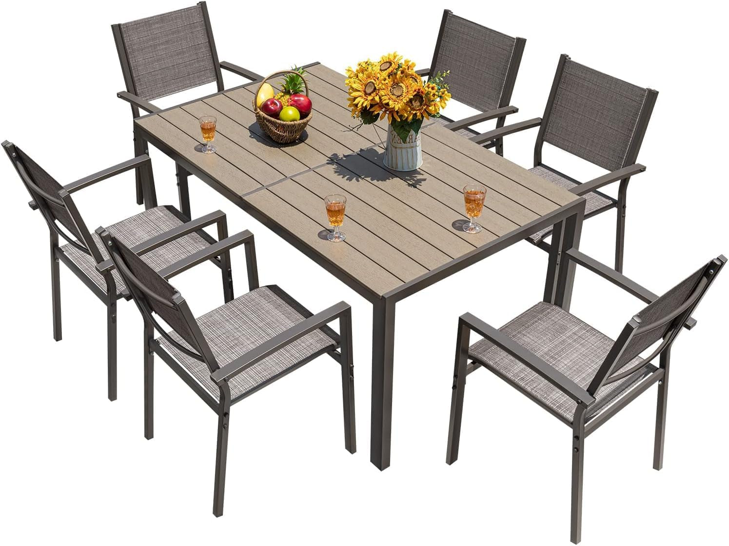 Patio Dining Set 7 Pieces Outdoor Furniture Table and 6 Textilene Chairs, Light Grey-0