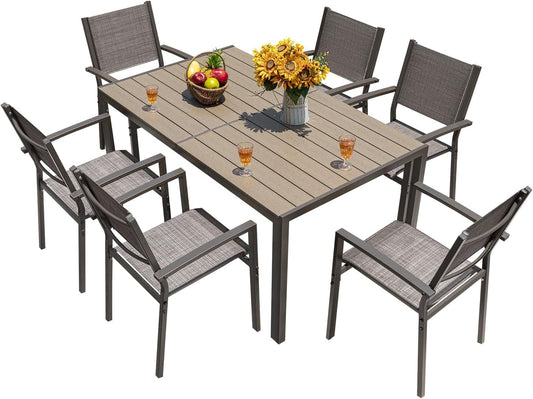 Patio Dining Set 7 Pieces Outdoor Furniture Table and 6 Textilene Chairs, Light Grey-0