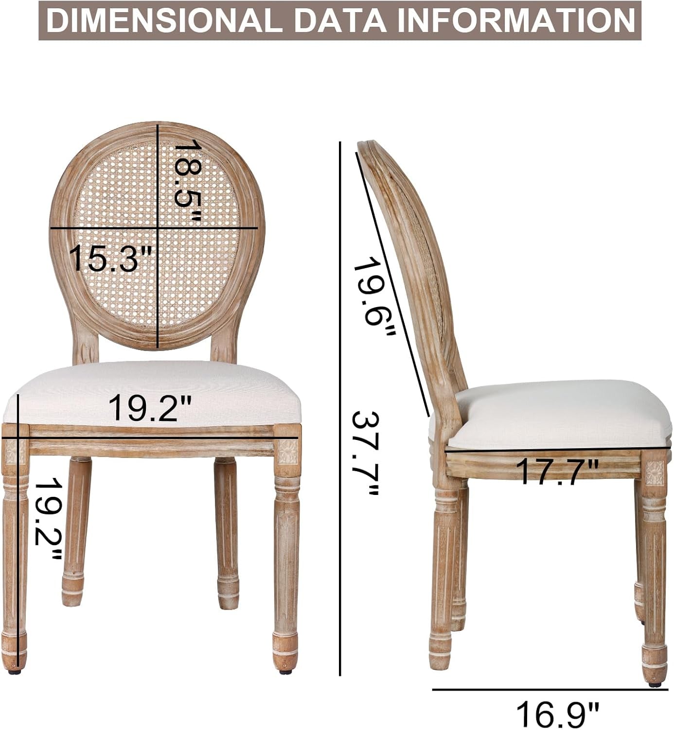Dining Chairs Set of 2 Beige Rattan round Back with Solid Wood Legs and Frame for French Country Kitchen Dining Room-2