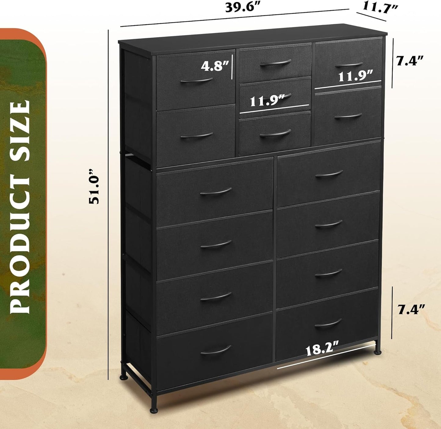 Tall Black Dresser for Bedroom Furniture, Fabric Dressers Storage Tower with 15 Deep Drawers, Dresser for Closet, Hallway, Entryway, Office, Storage Tower with Cabinet, Metal Frame, Wooden Top-2