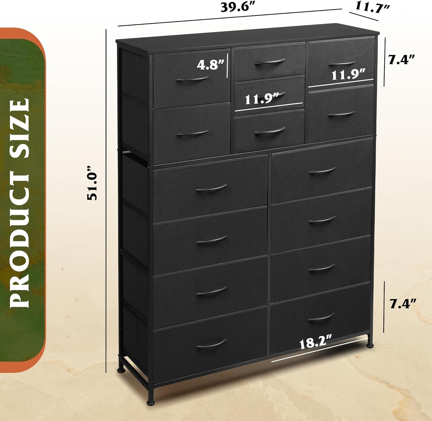 Tall Black Dresser for Bedroom Furniture, Fabric Dressers Storage Tower with 15 Deep Drawers, Dresser for Closet, Hallway, Entryway, Office, Storage Tower with Cabinet, Metal Frame, Wooden Top-2