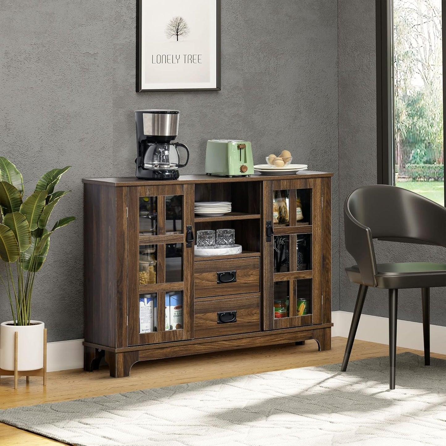 Dark Walnut Sideboard Buffet Glass Door Coffee Bar-0