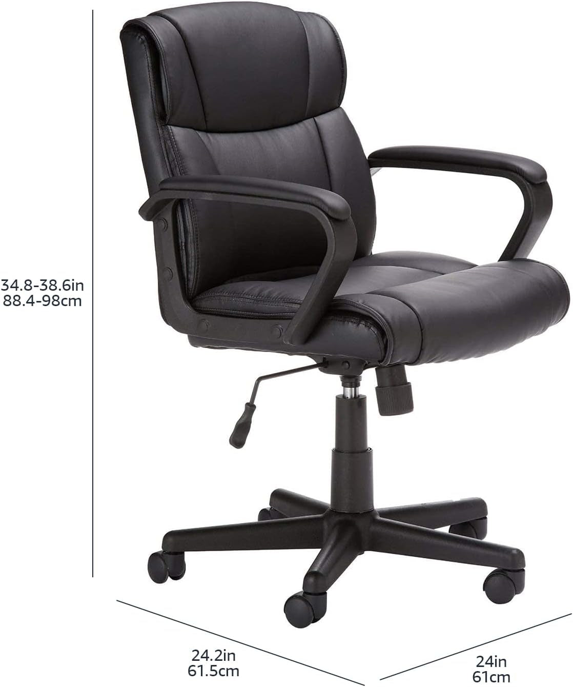 Office Computer Task Desk Chair with Padded Armrests, Mid-Back, Adjustable, 360 Swivel, Rolling, 275 Pound Capacity, BIFMA Certified, 24.2"D X 24"W X 34.8"H, Black Faux Leather-2