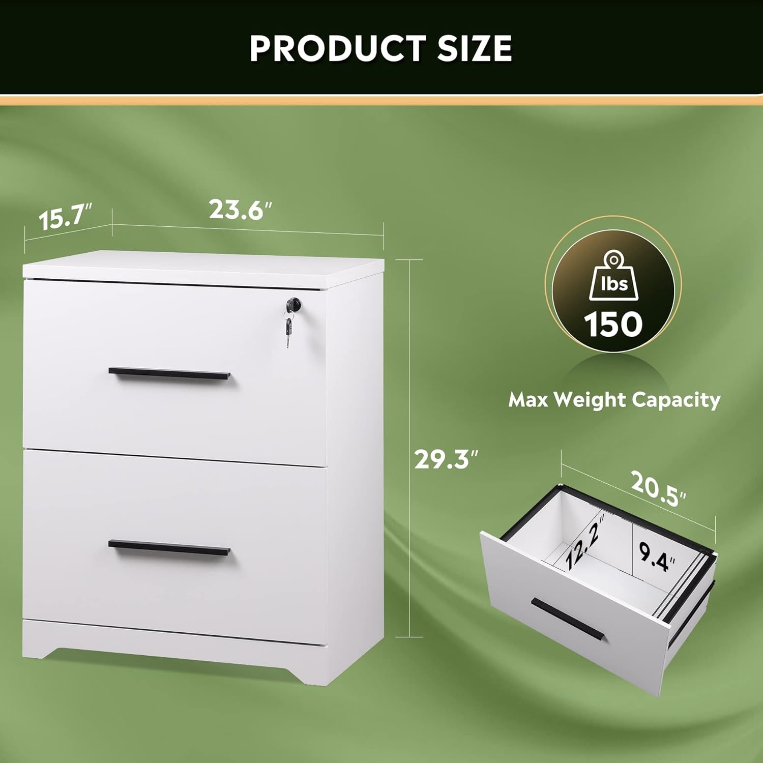 2-Drawer Wood Lateral File Cabinet with Lock for Office Home, White-2