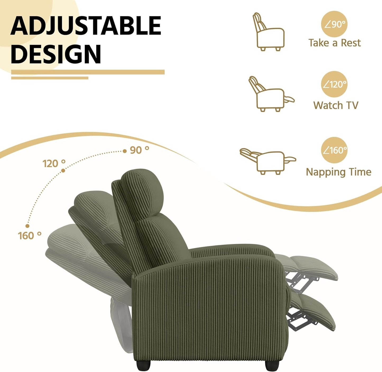 Corduroy Recliner Chair Single Sofa Home Theater Seating Adjustable Modern Reclining Chair for Living Room Bedroom Home Theater Dark Green-3