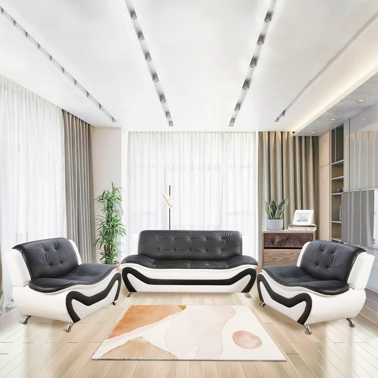 Living Room Furniture Set, Faux Leather Sofa Couch Set, 3 Pieces Modern Sofa Set for Living Room/Apartment/Office (Black&White)-0