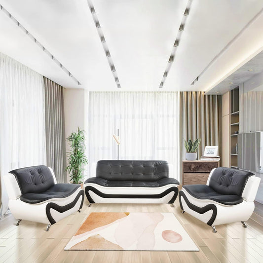 Living Room Furniture Set, Faux Leather Sofa Couch Set, 3 Pieces Modern Sofa Set for Living Room/Apartment/Office (Black&White)-0