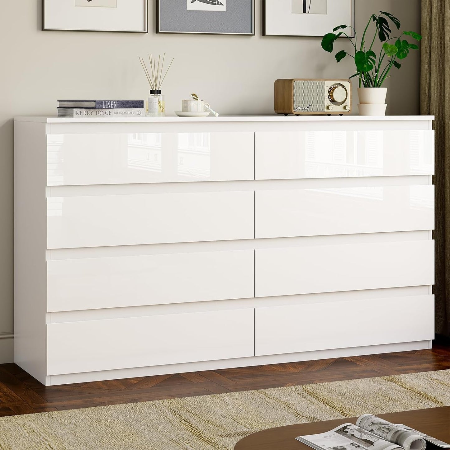 White Wood Dresser for Bedroom, 8 Drawer Dresser for Clothes Storage, Modern Dresser with Wide Drawers, Wide Wooden Chest Drawers for Living Room, Entryway, TV Stand(55" W X15.4 Dx32.3 H)-0