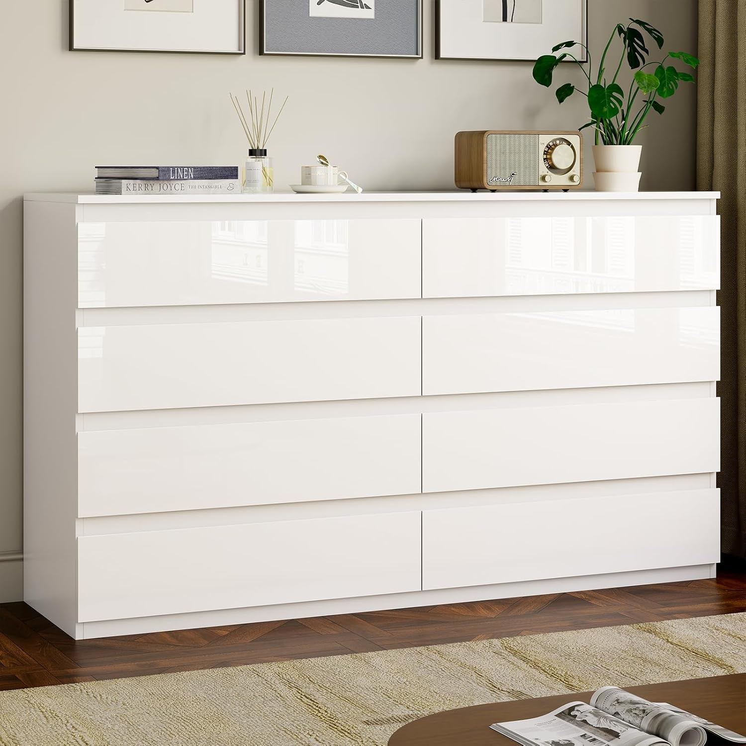 White Wood Dresser for Bedroom, 8 Drawer Dresser for Clothes Storage, Modern Dresser with Wide Drawers, Wide Wooden Chest Drawers for Living Room, Entryway, TV Stand(55" W X15.4 Dx32.3 H)-0