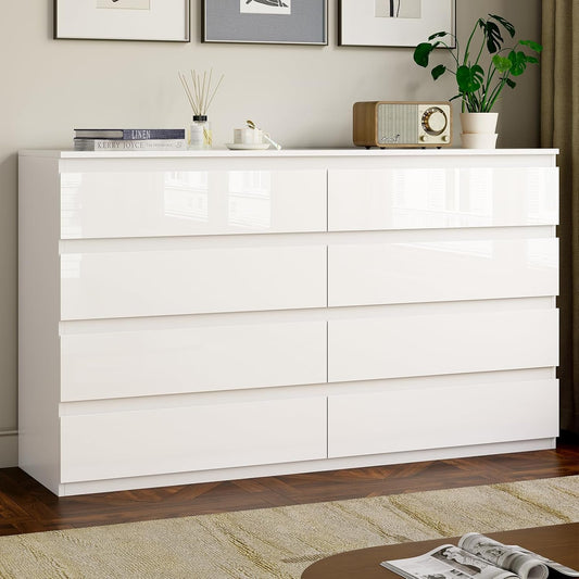 White Wood Dresser for Bedroom, 8 Drawer Dresser for Clothes Storage, Modern Dresser with Wide Drawers, Wide Wooden Chest Drawers for Living Room, Entryway, TV Stand(55" W X15.4 Dx32.3 H)-0