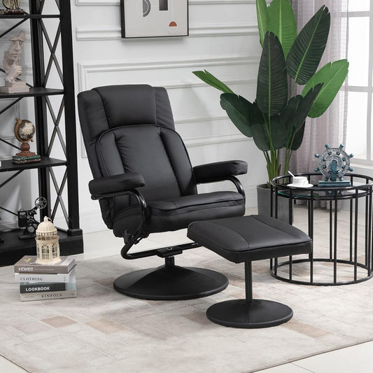 Swivel Recliner, Manual PU Leather Armchair with Ottoman Footrest for Living Room, Office, Bedroom, Black-1
