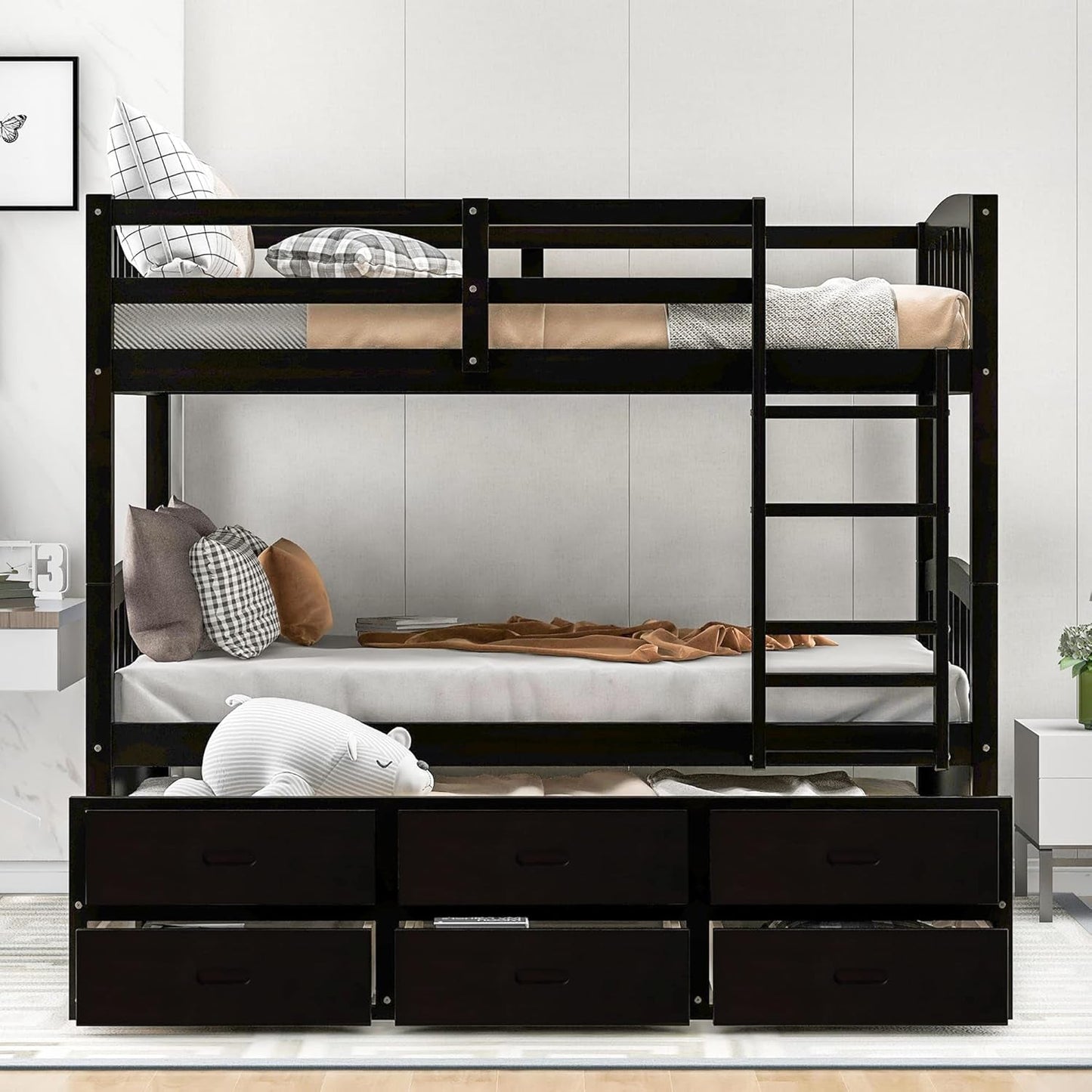 Twin over Twin Bunk Bed with Trundle and 3 Drawers, Solid Wood Bunk Bed Frame with Ladder and Full Guardrails, for Teens, Espresso-2