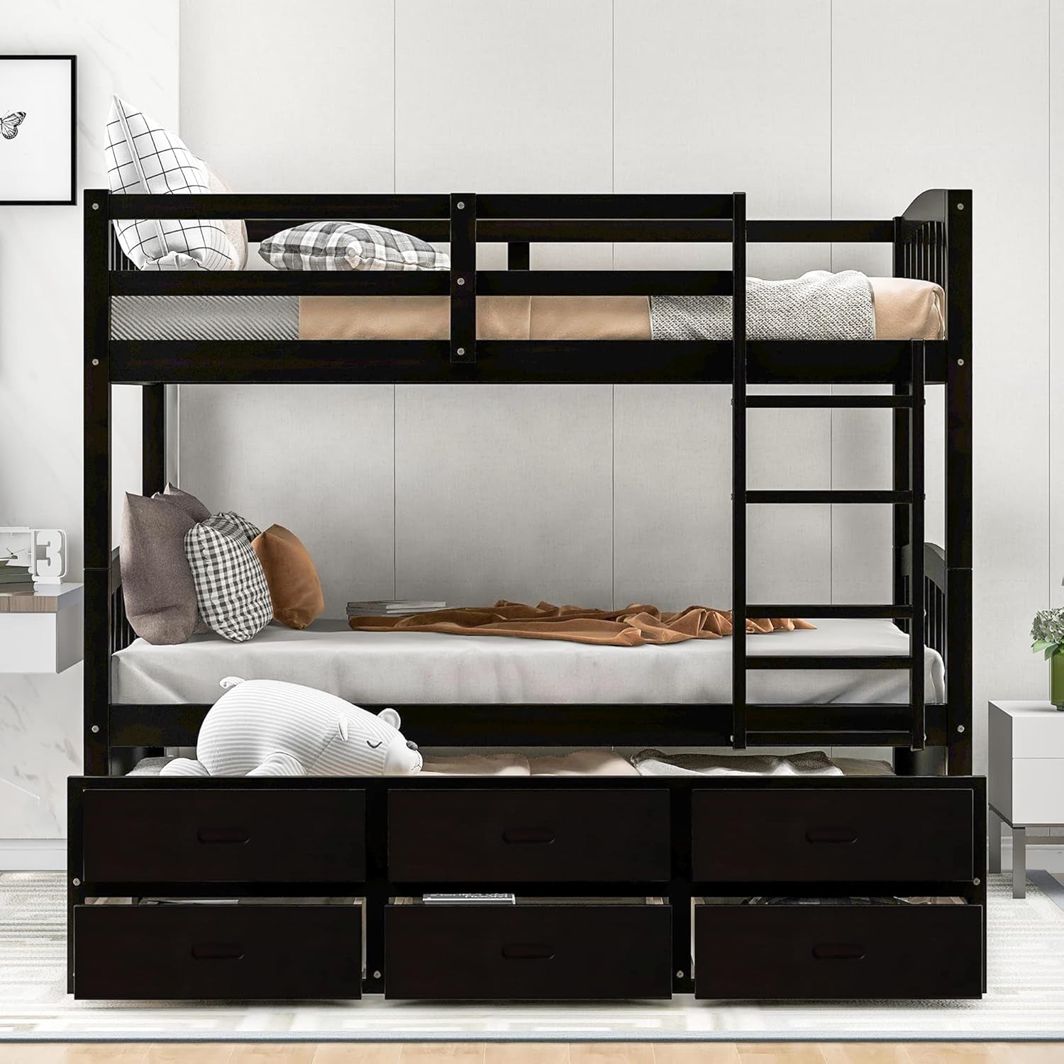 Twin over Twin Bunk Bed with Trundle and 3 Drawers, Solid Wood Bunk Bed Frame with Ladder and Full Guardrails, for Teens, Espresso-2
