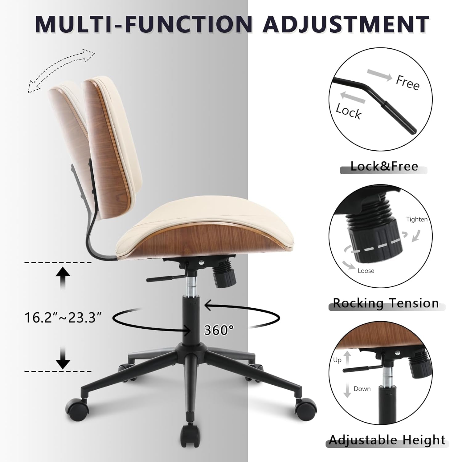 Home Office Chair No Arms with Wheels, Adjustable Height Small Desk Chair, PU Leather Mid Back 360 Swivel Computer Chair, Armless Modern Walnut Chair for Office, Reading Meeting Room(Beige)-4