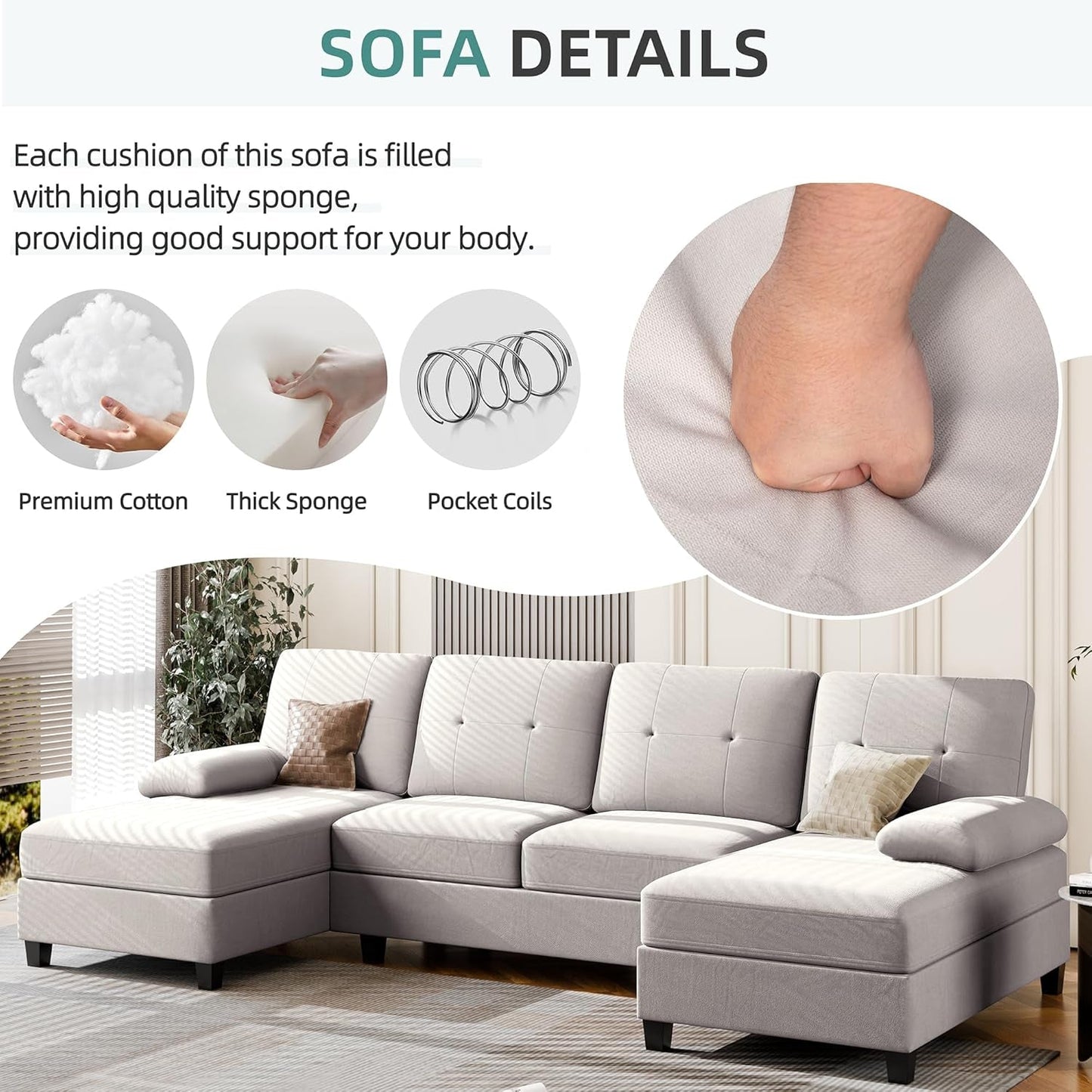 Sectional Sofa Couches for Living Room, U Shaped Sofa Living Room Furniture Sets, 4 Seat U Shaped Sofa Sectional Couch with Chaise, Beige-2