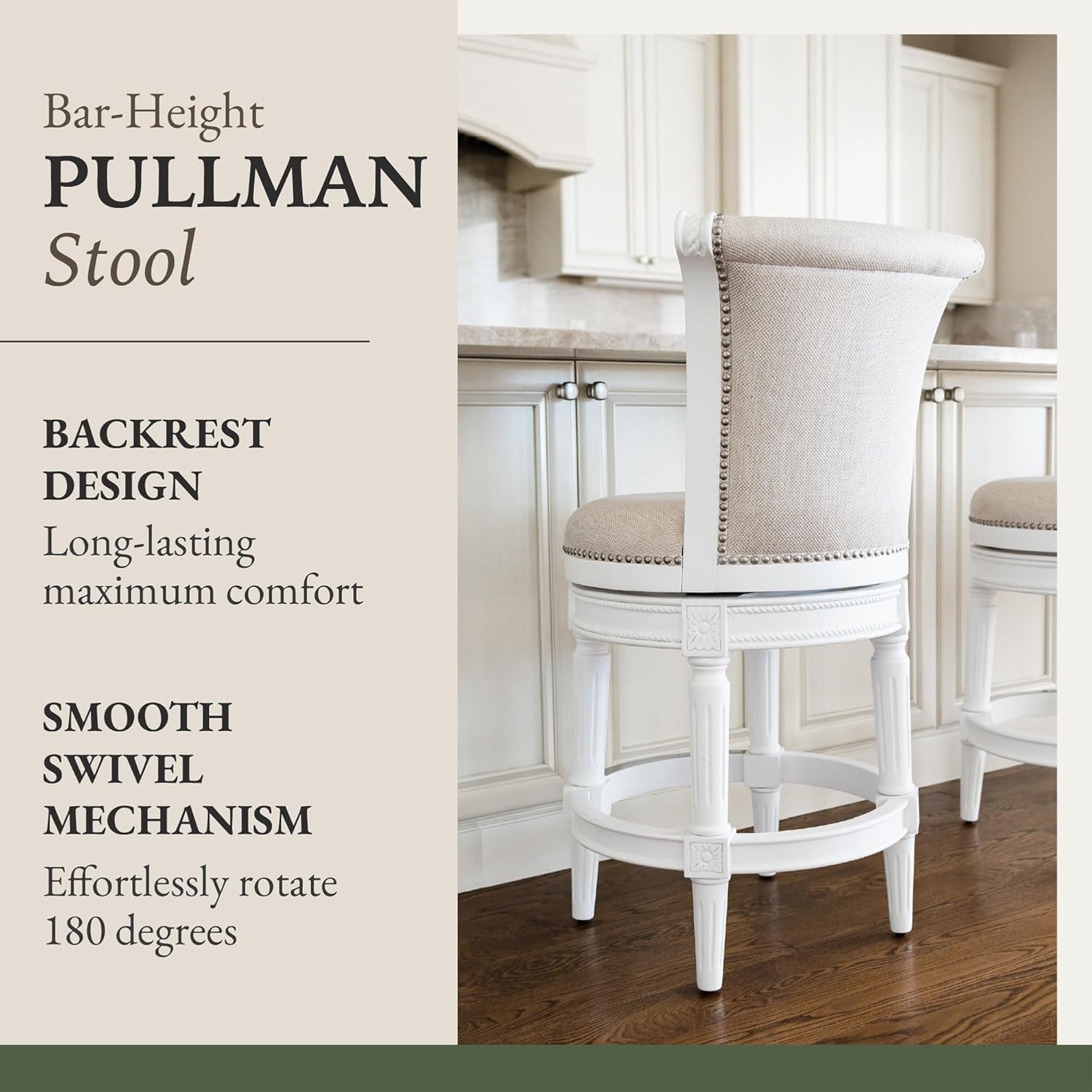 Pullman 31 Inch Tall Bar Height Upholstered Barstool with Back in Alabaster White Finish with Cream Fabric Cushion Seat, Set of 3-3
