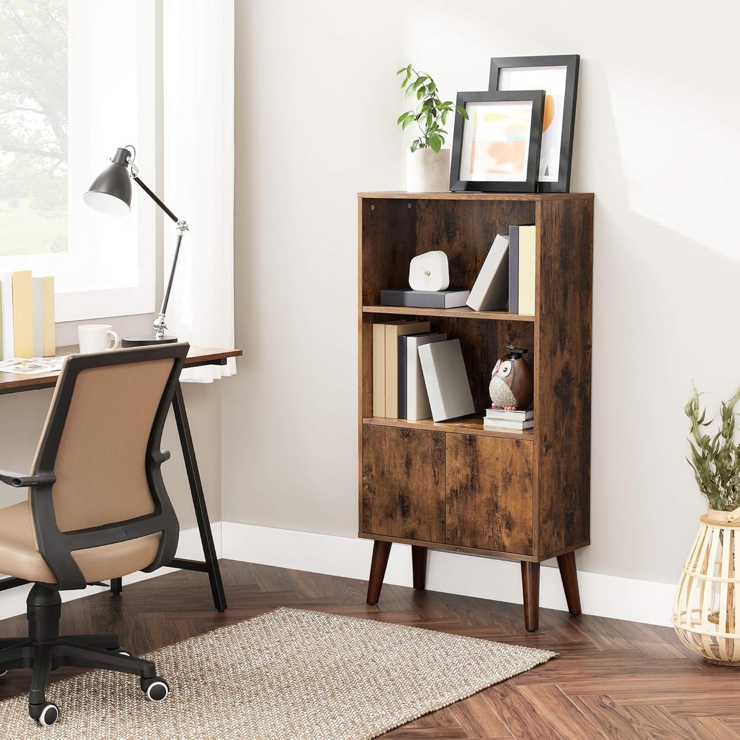 Bookcase, 2-Tier Retro Bookshelf with Doors, Storage Cabinet for Books, Photos, Decorations in Living Room, Office, Study, Mid-Century Style, Rustic Brown ULBC09BX-3