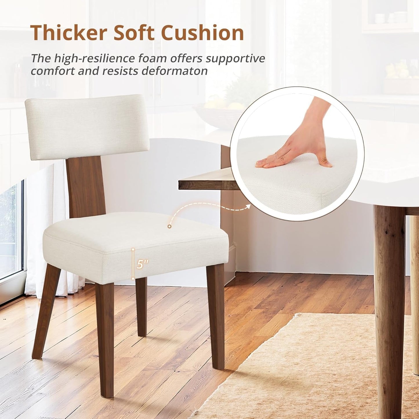 Dining Chairs Set of 4, Linen Mid Century Modern Dining Chairs with Curved Backrest and Wood Legs, Upholstered Dining Room Chairs for Kitchen, Living Room, Beige-2