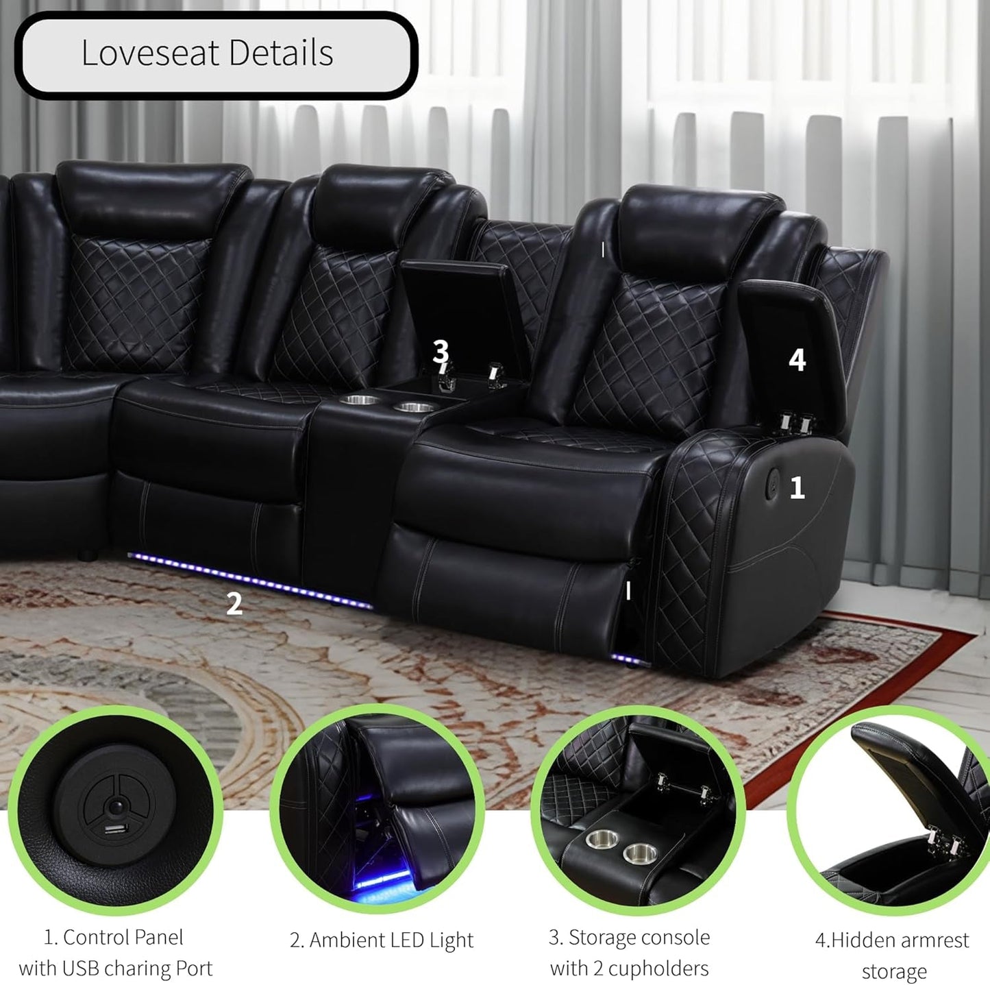 Power Recliner Sofa Sectional Sofa with LED Light for Living Room, Air Leather Reclining Corner Sectional Sofa Set, Cup Holder, Storage Console for Home Theater Seating (Black, Sectional)-3