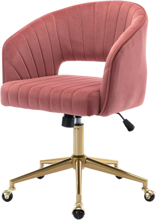 Velvet Office Desk Chair, Upholstered Home Office Desk Chairs with Adjustable Swivel Wheels, Ergonomic Office Chair for Living Room, Bedroom, Office, Vanity Study (Rose)-0