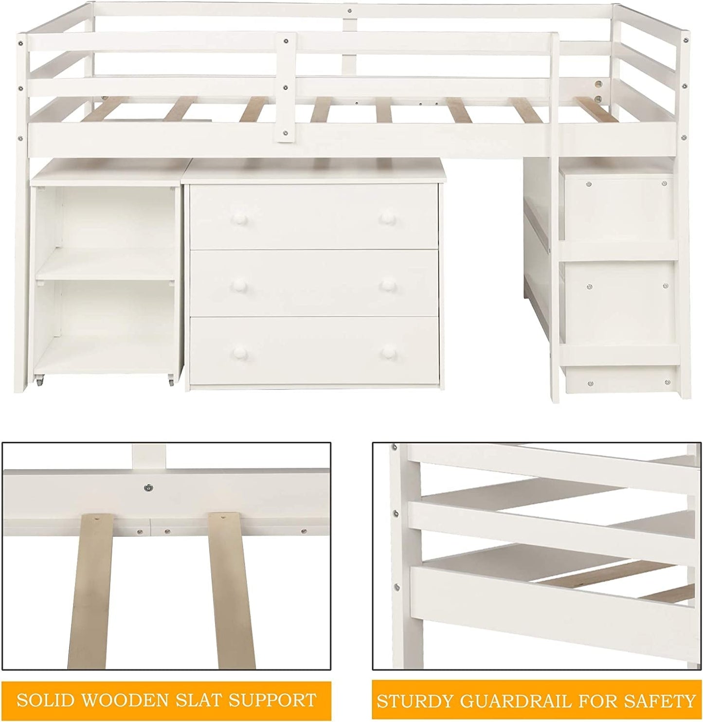Twin Loft Bed with Rolling Desk/Shelf/Guardrail-3