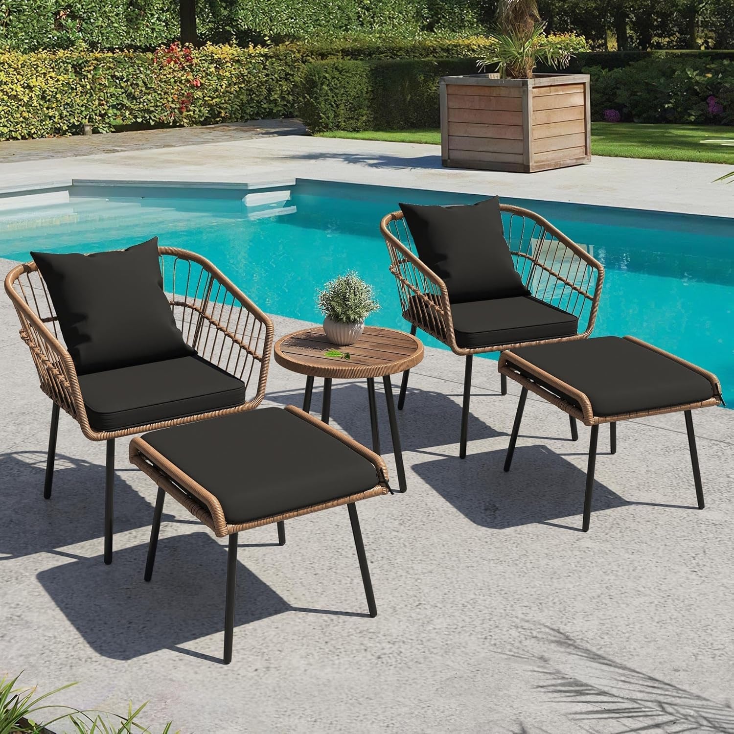 5-Piece Outdoor Wicker Furniture Set, All-Weather Patio Bistro Set with Footrest, Small Patio Conversation Set for Balcony Outside, Outdoor Chairs with Ottomans and Coffee Table - Black-1