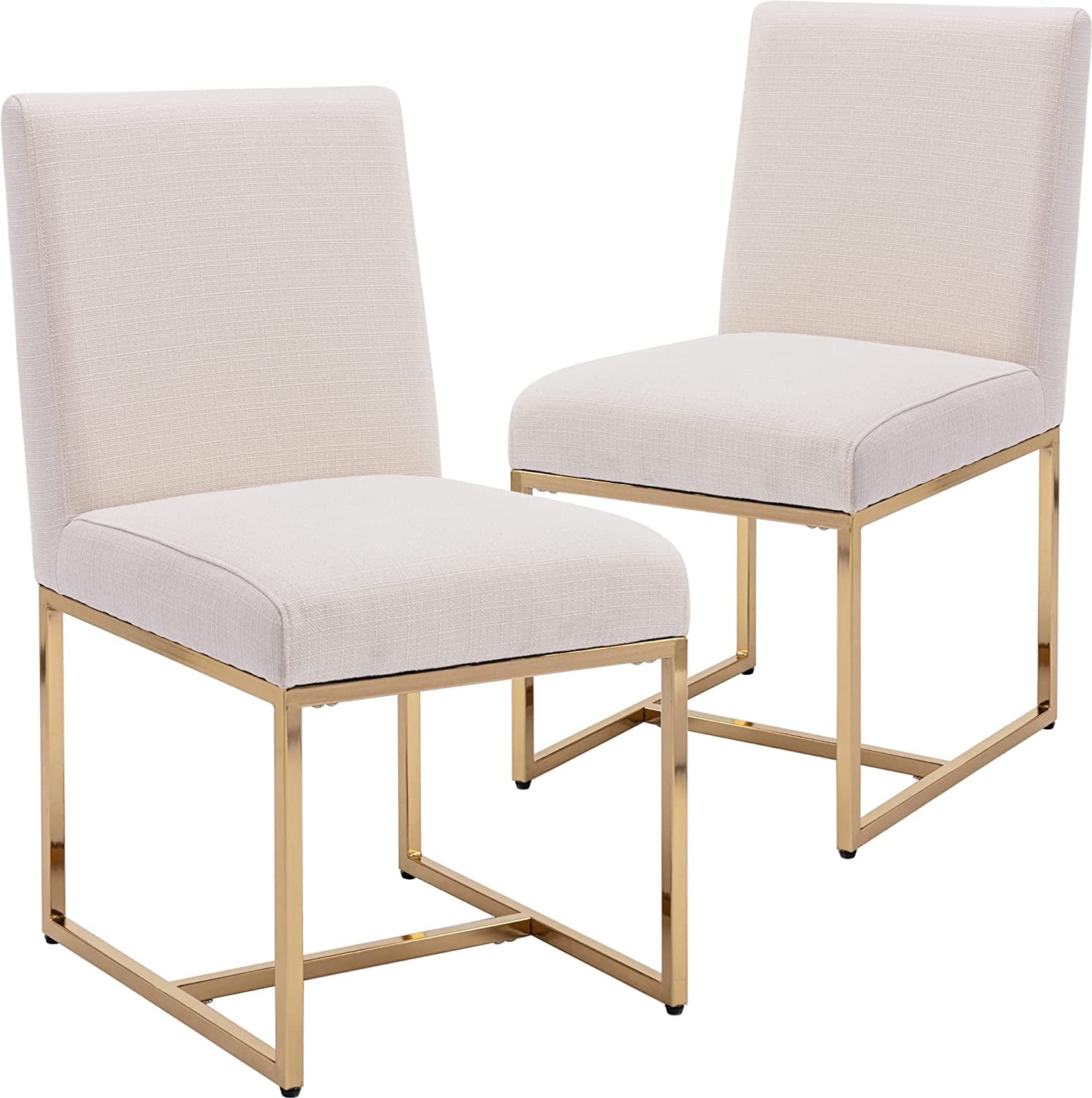Set of 2 Mid Century Modern Dining Chairs, Cream, Golden Finish Metal Frame-1