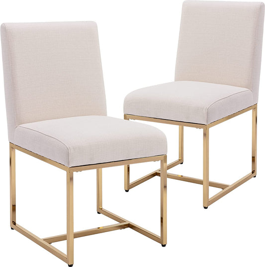 Set of 2 Mid Century Modern Dining Chairs, Cream, Golden Finish Metal Frame-1