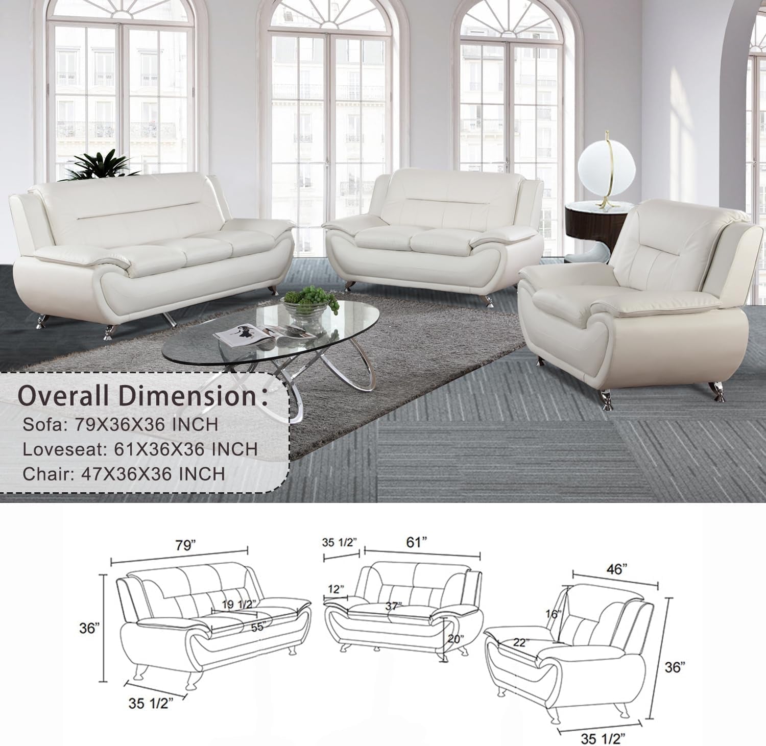 Living Room Furniture Set, Faux Leather Sofa Couch Set, 3 Pieces Modern Sofa Set for Living Room/Apartment/Office (White)-2