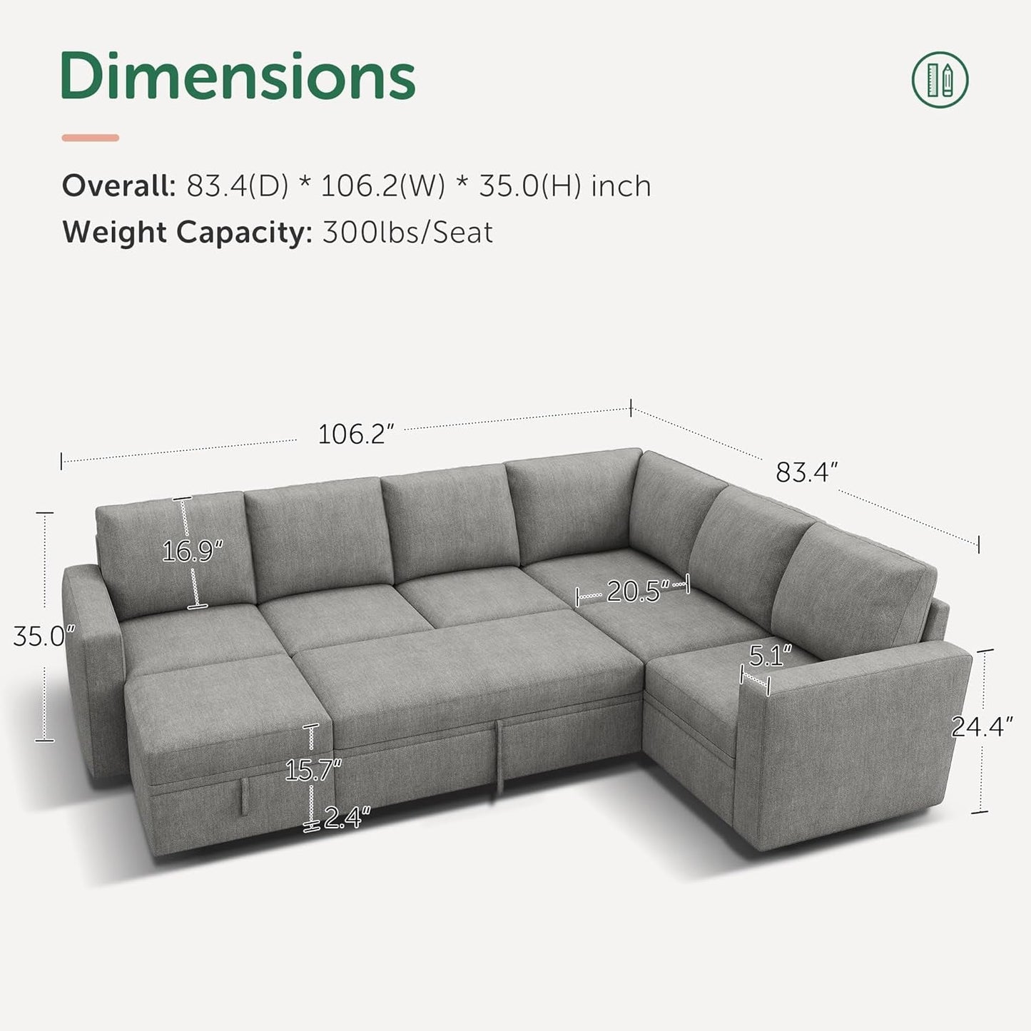 Modular Sectional Sleeper Sofa U-Shaped, Warm Grey-2