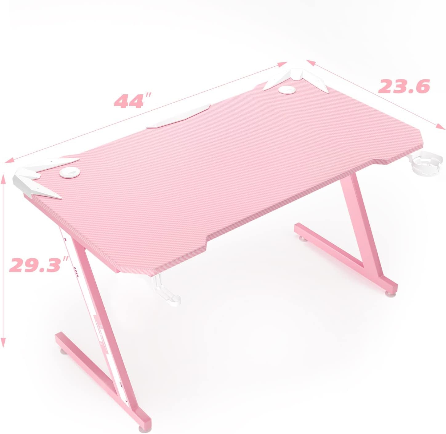 Gaming Computer Desk with Carbon Fiber Surface, Gaming Table Z Shaped Pc Home Office with Cup Holder&Headphone Hook(44 In, Pink)-2