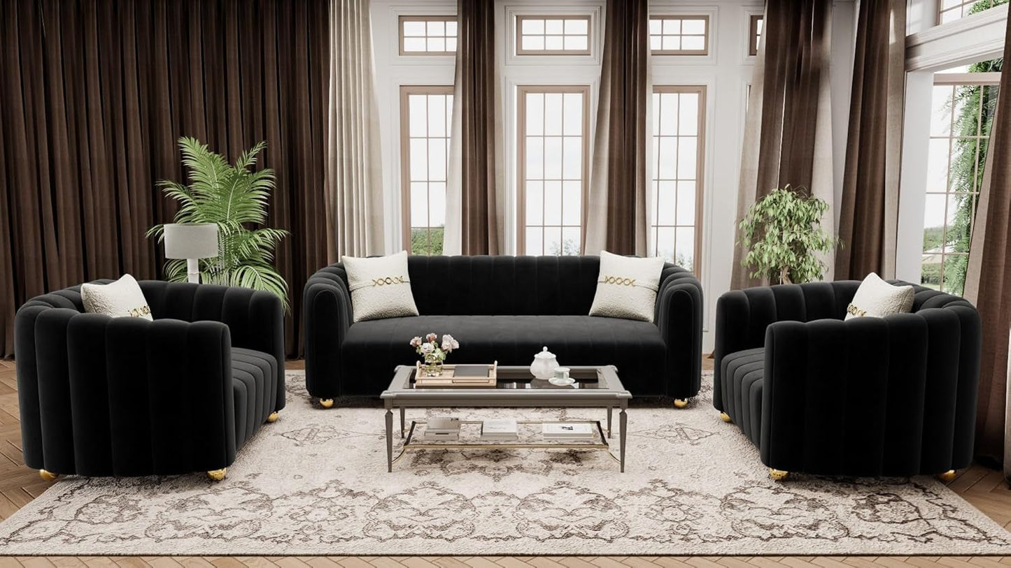 KEAI Black Velvet Tufted Sofa Set for Living Room, 3 Piece Modern Design Couch Set with Gold Metal Ball Legs, Lovely Upholstered Sherpa Furniture Set for Office (Black, 1+1+3 Set)-0
