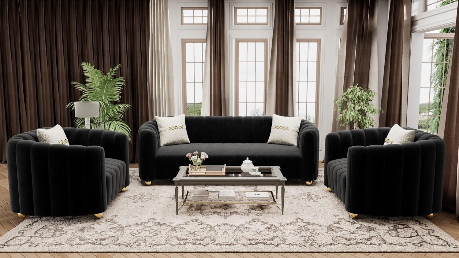 KEAI Black Velvet Tufted Sofa Set for Living Room, 3 Piece Modern Design Couch Set with Gold Metal Ball Legs, Lovely Upholstered Sherpa Furniture Set for Office (Black, 1+1+3 Set)-0