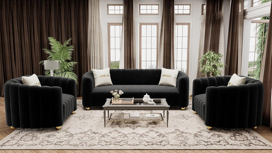 KEAI Black Velvet Tufted Sofa Set for Living Room, 3 Piece Modern Design Couch Set with Gold Metal Ball Legs, Lovely Upholstered Sherpa Furniture Set for Office (Black, 1+1+3 Set)-0