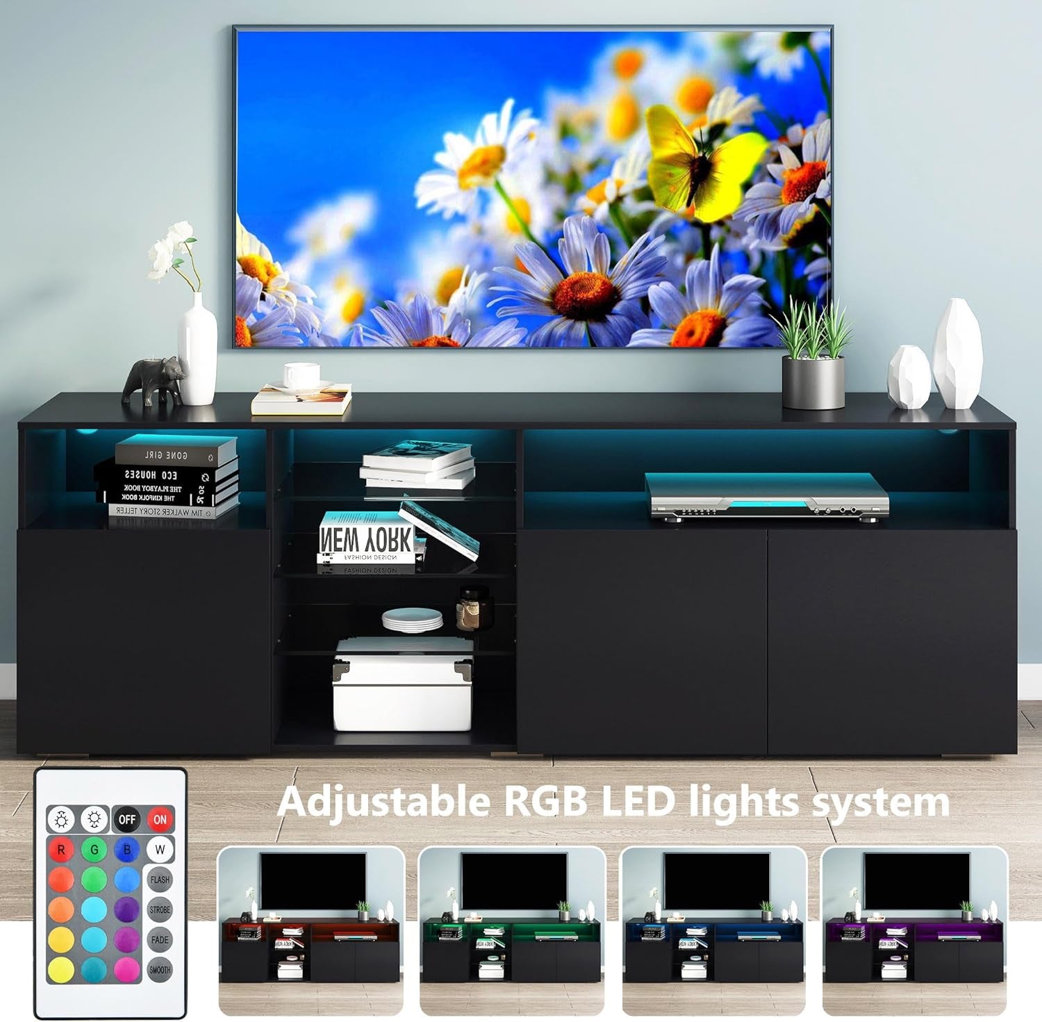 High Glossy LED TV Stand for 65 Inch Tv,Modern White Entertainment Center/White TV Stand with Adjustable Storage Shelf,Rgb LED 20 Color Lighting,Smart Modern TV Cabinet(63Inch, Black)-3