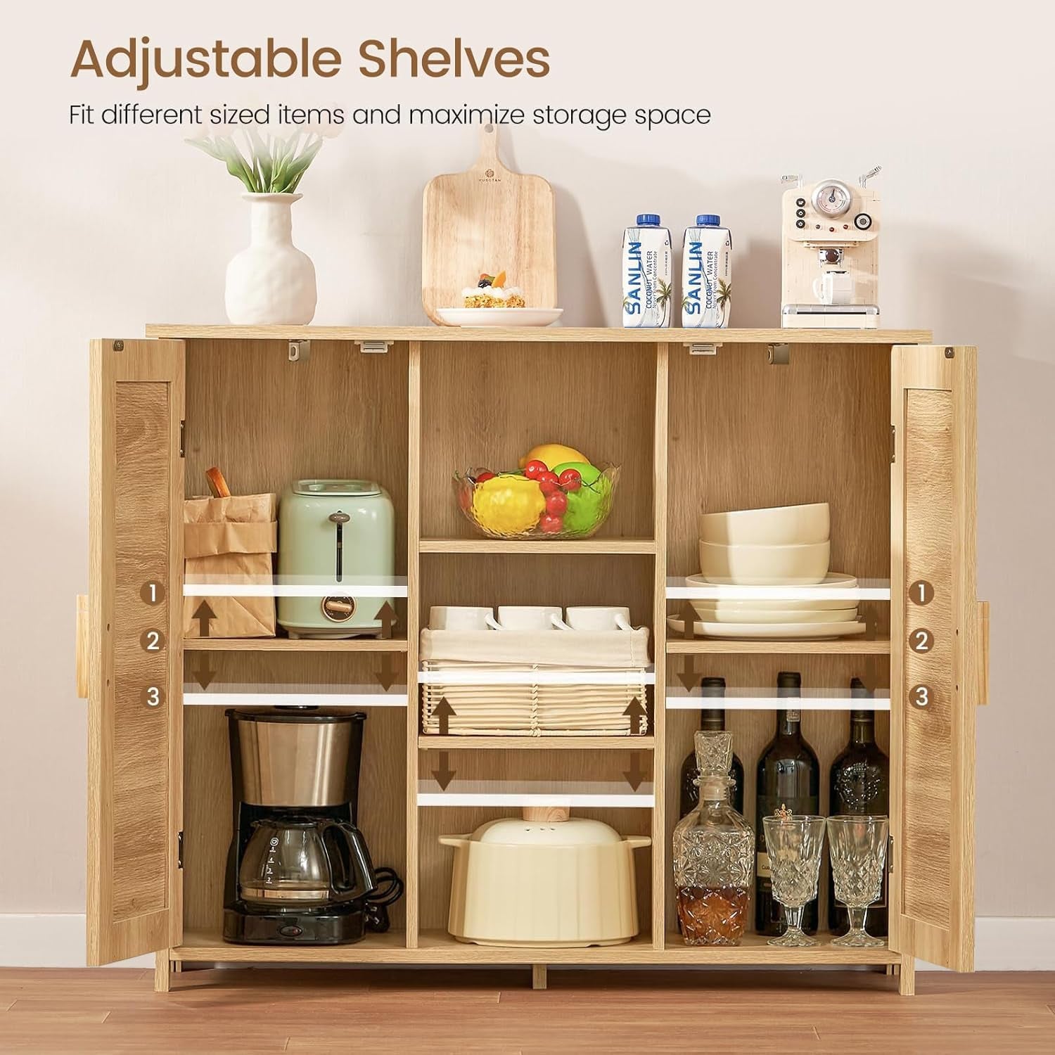 Storage Cabinet, Rattan Cabinet with 4 Adjustable Shelves, Coffee Bar Cabinet, Sideboard Buffet Cabinet for Kitchen, Living Room, Entryway, Natural-4