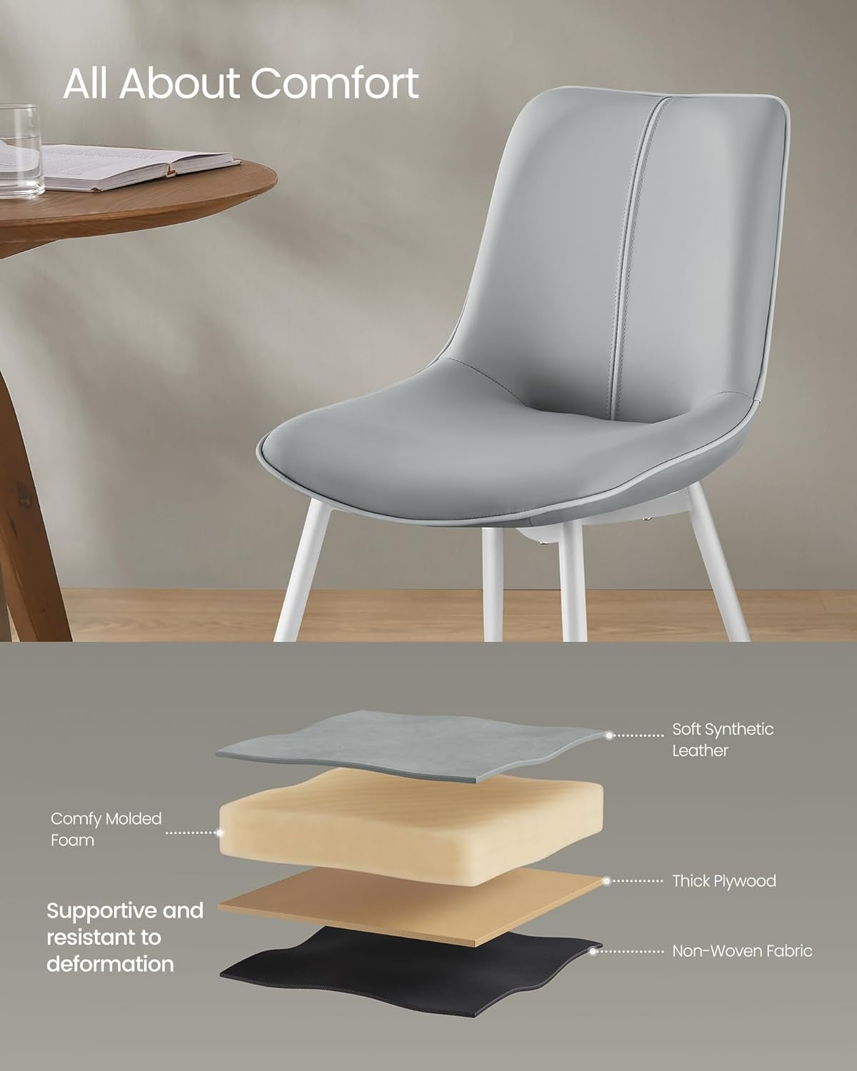 Leather Dining Chairs Set of 2, Comfortable Upholstered Seat Dining Room Chairs with Swivel Leveling Feet, Curved Backrest Kitchen Chair for Living, Restaurant, Easy Assemble, Dove Gray-4