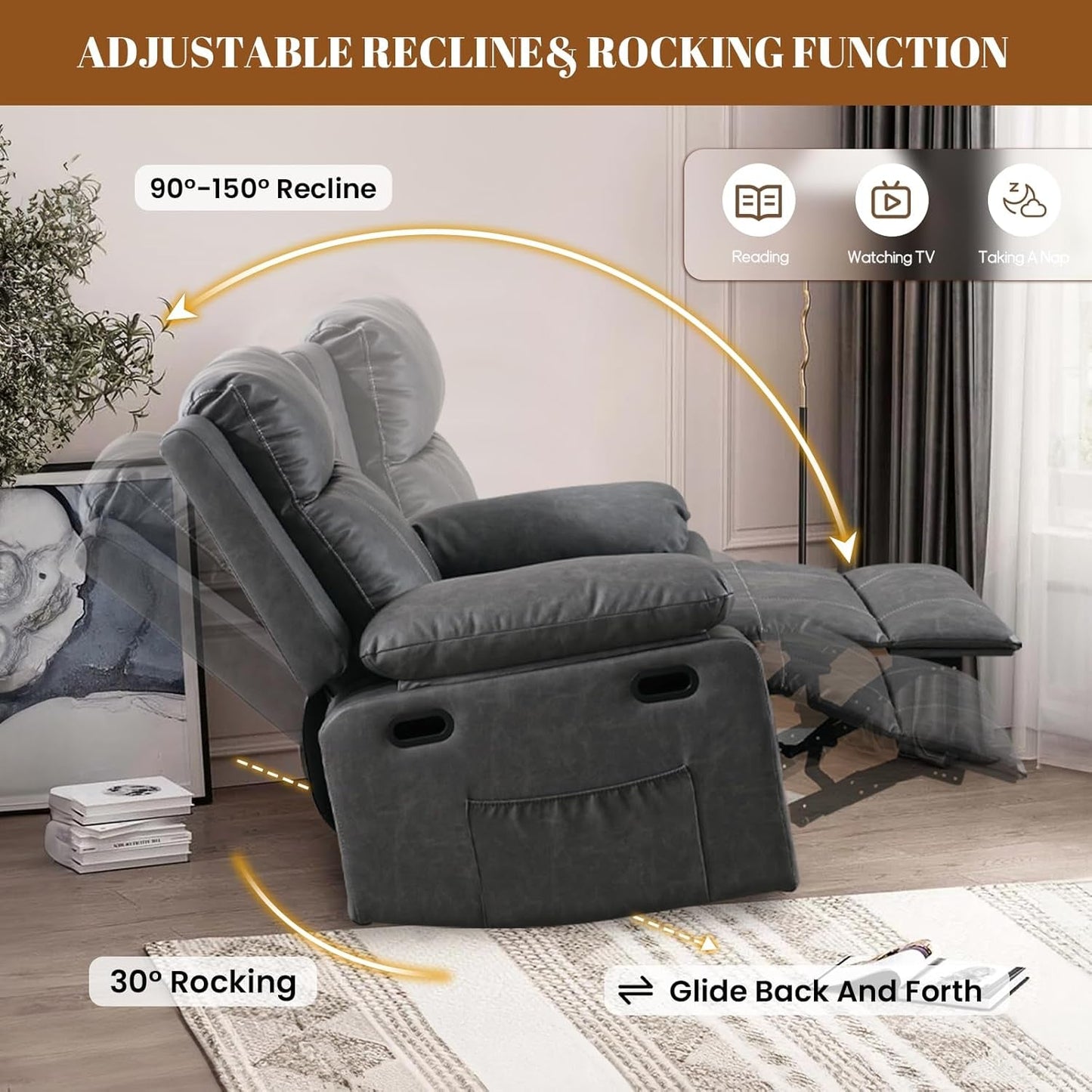 Recliner Chair, 360 Degree Swivel Rocking Chair with Massage and Heat, Adjustable Glider Rocker Reclining Chair with Remote Control and Side Pocket for Living Room, Bedroom, Lounge, Grey-4