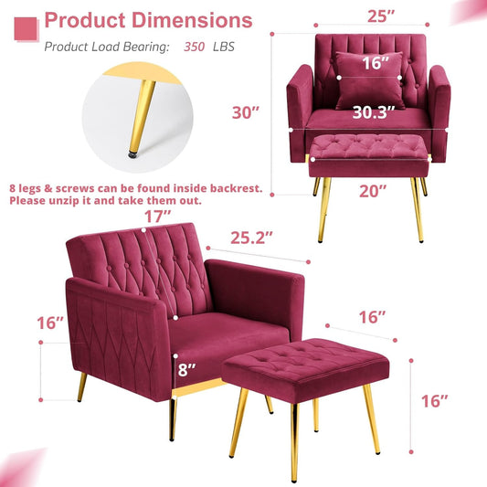 2 Pieces Velvet Futon Sofa Set with Adjustable Backrests and Armrests, 70” Convertible Sofa Bed & Tufted Accent Chair with Ottoman for Living Room, Fuchsia-1