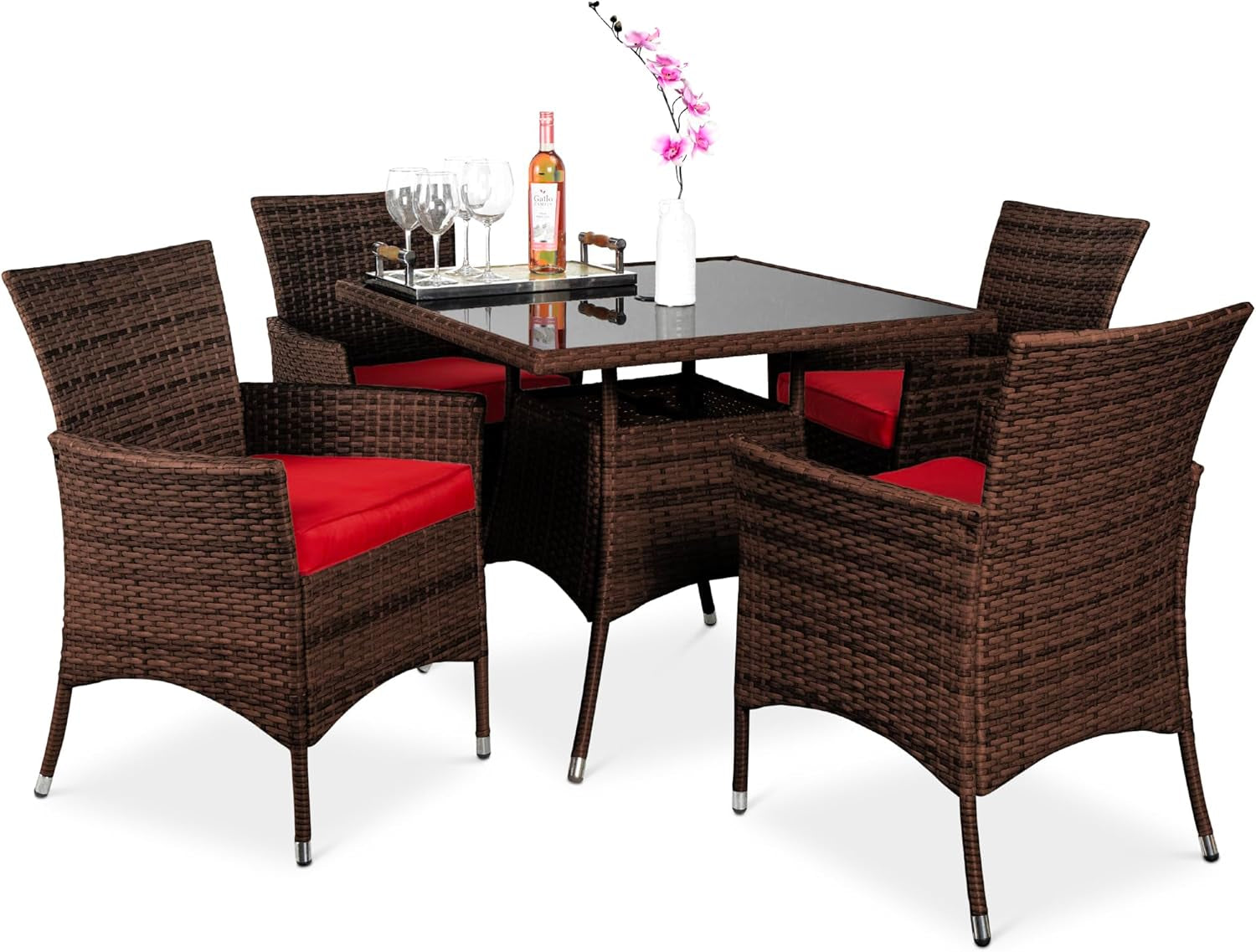 5-Piece Indoor Outdoor Wicker Dining Set Furniture for Patio, Backyard W/Square Glass Tabletop, Umbrella Cutout, 4 Chairs - Red-0