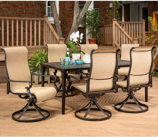Brigantine 7-Piece Outdoor Dining Set, Weather-Resistant Patio Dining Set for 6 with Rectangular Table and Sling Swivel Rockers for Backyard, Patio, Deck, Porch, Pergola, Poolside-1