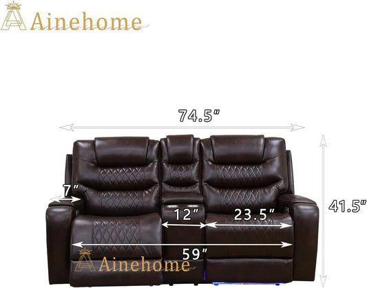 LED Power Recliner Sofa for Living Room Furniture Set, Leather Sectional Sofa Set, Reclining Sofa and Loveseat with USB Port/Storage Console/Cup Holders(Dark Brown Loveseat)-1