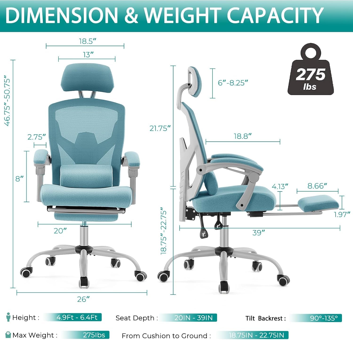 Home Office Desk Chair with Footrest, High-Back Mesh Rolling Swivel Reclining Chairs with Wheels, Comfortable Headrest, Lumbar Support, Comfy Arms for Home, Office, Gaming, Student, Blue-2
