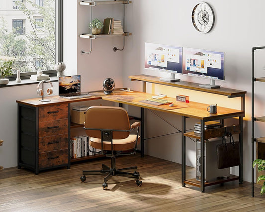 61" L Shaped Desk with Drawer, Computer Desk with Power Outlets & LED Lights, Reversible Corner Gaming Desk for Home Office Workstation, Office Desk with Monitor Shelf, Vintage-1