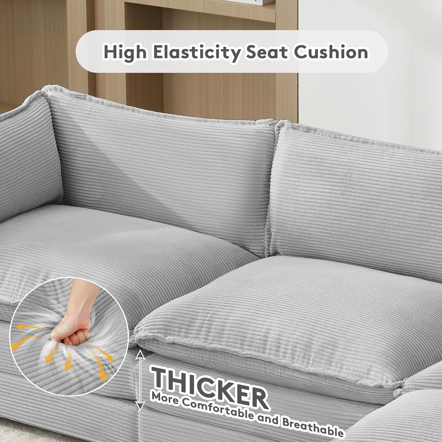 Convertible Sectional Couch with Ottoman, Corduroy Single Armchair with Ottoman, Upholstered Couch with Convertible Chaise, Modern Living Room Furniture Set, Light Grey-4