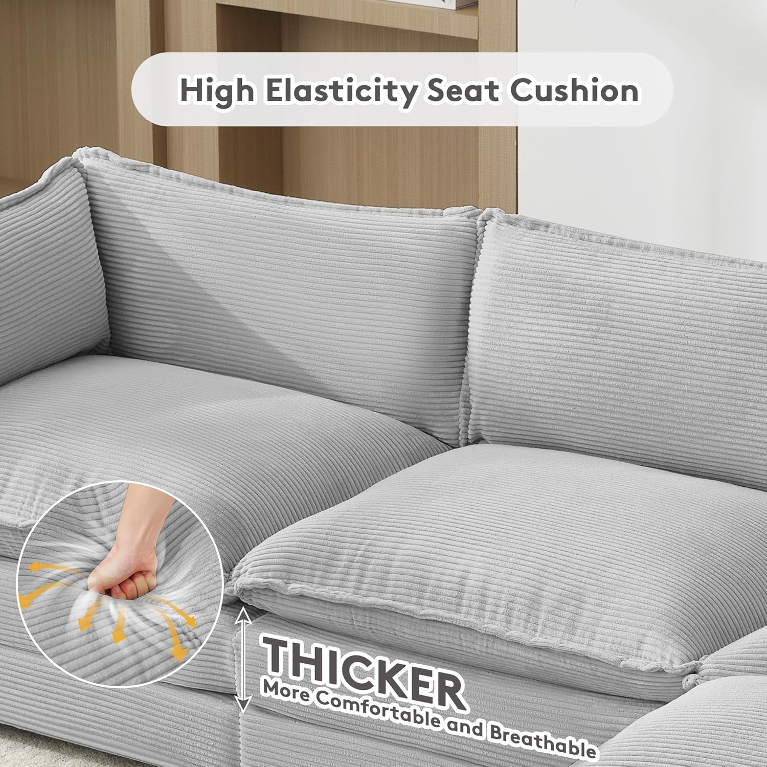 Convertible Sectional Couch with Ottoman, Corduroy Single Armchair with Ottoman, Upholstered Couch with Convertible Chaise, Modern Living Room Furniture Set, Light Grey-4