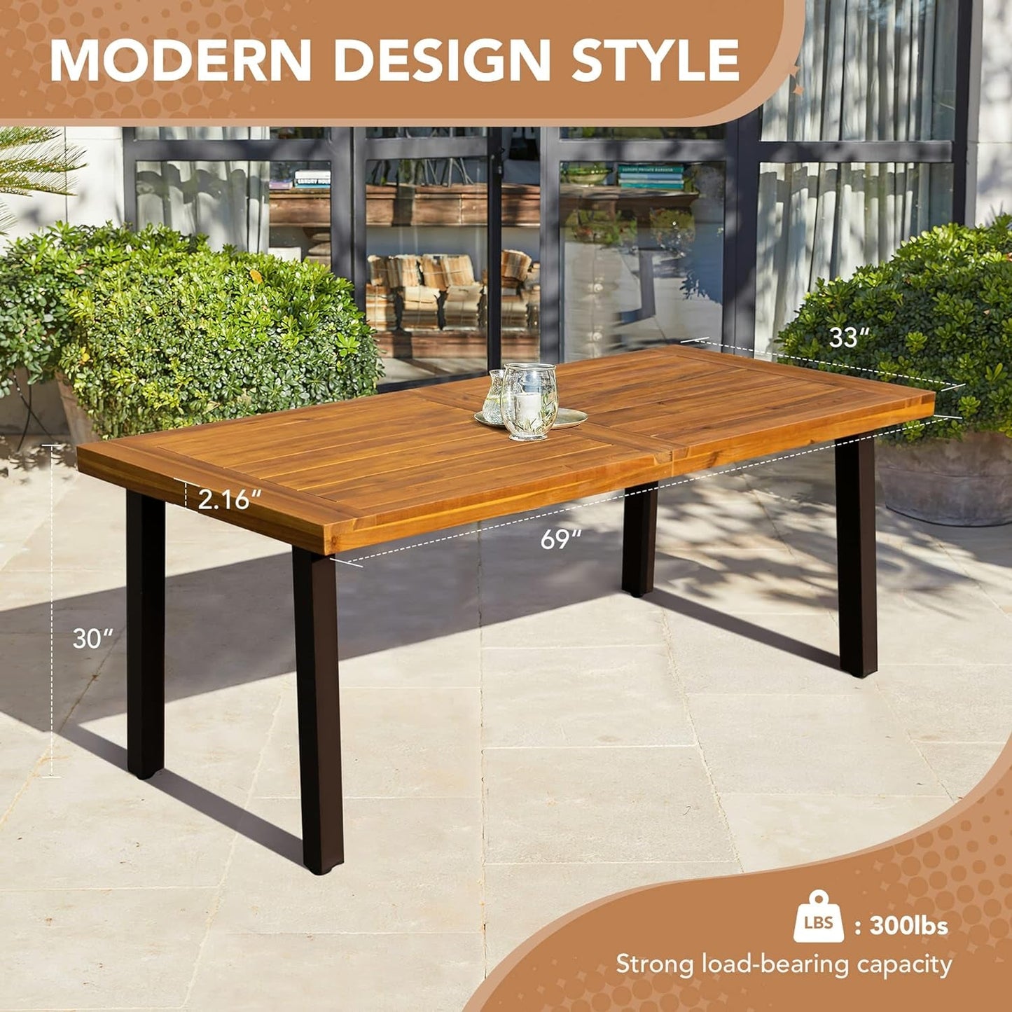 Home Acacia Wood Dining Table 6-Person Indoor Outdoor Table with Iron Legs, Sandblast Finish, Natural Stained, Rustic Metal, 69 * 33 * 30 Inch (Natural)-2