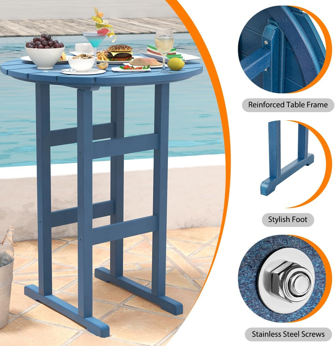 5 Pieces Adirondack Bar Set, Patio Counter Height Adirondack Chairs Set of 4 and round Table, High Top HDPE Stools and Pub Table, Tall Bistro Dining Furniture Set for 4, Navy Blue-4