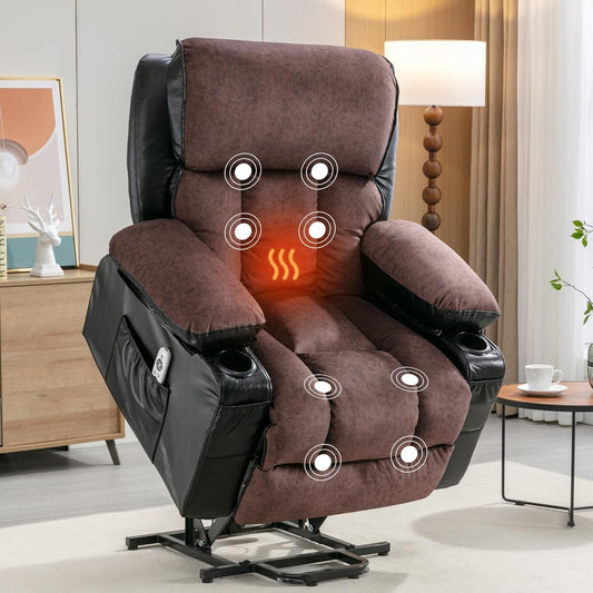 XL23 Power Lift Recliner with Massage & Heat - Large Electric Chair for Elderly with USB Port, Cup Holders, Side Pockets - Living Room Bedroom Sofa(Black and Brown)-0